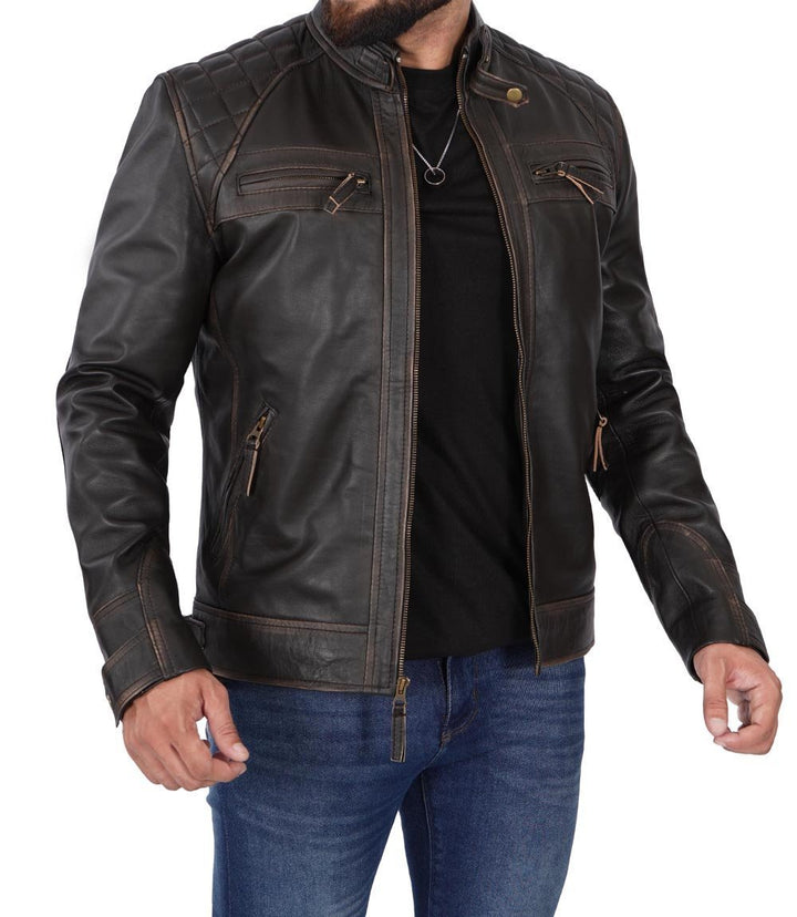 Men's Distressed Brown Cafe Racer Leather Jacket - XS - Men's Distressed Brown Cafe Racer Leather Jacket - Tatoo Tee