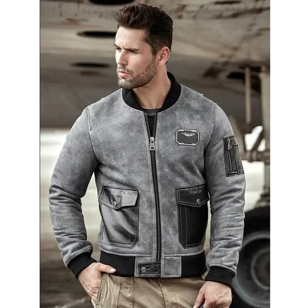 Men's Grey A2 Airforce Flight Sheepskin Shearling Motorcycle Jacket