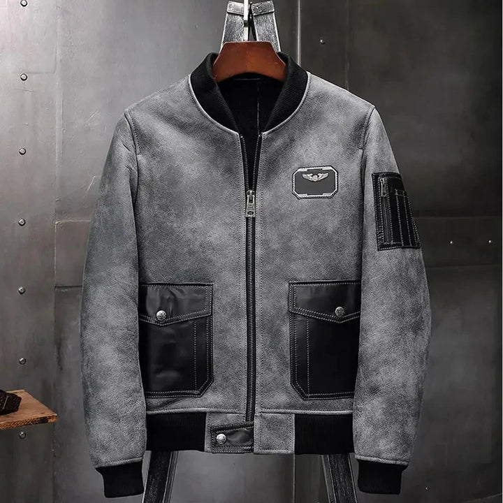 Men's Grey A2 Airforce Flight Sheepskin Shearling Motorcycle Jacket - Male - XS - Men's Grey A2 Airforce Flight Sheepskin Shearling Motorcycle Jacket - Tatoo Tee