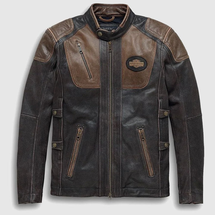 Men’s H - D Triple Vent System Trostel Leather Jacket - Male - XS - Brown leather jacket with visible brand logo on a light gray background - Tatoo Tee