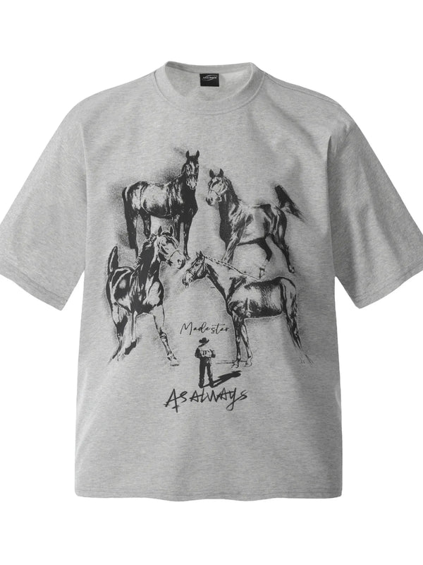 Men's Horse Graphic Oversized T-Shirt - Floral Gray - M - 8f8eb1e3ee1446af961a26098a690065 - Max - Origin - Tatoo Tee
