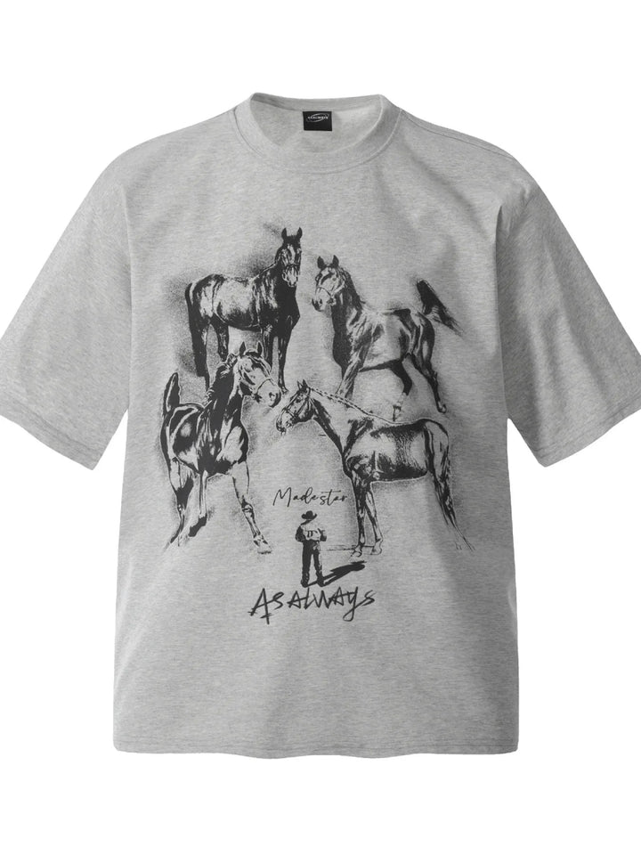 Men's Horse Graphic Oversized T-Shirt - Floral Gray - M - 8f8eb1e3ee1446af961a26098a690065 - Max - Origin - Tatoo Tee