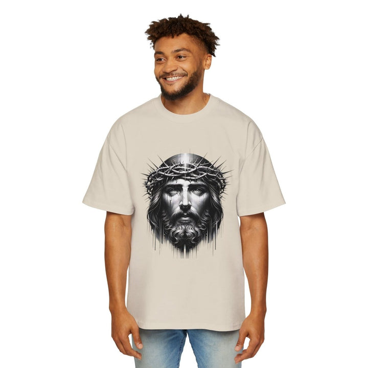 Men's Jesus Oversized Graphic Tee - Religious Art, Casual Fashion - S - Ecru - Men's Jesus Oversized Graphic Tee - Religious Art, Casual Fashion - Tatoo Tee
