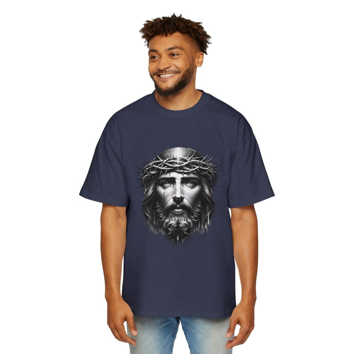 Men's Jesus Oversized Graphic Tee - Religious Art, Casual Fashion - S - Midnight Blue - Men's Jesus Oversized Graphic Tee - Religious Art, Casual Fashion - Tatoo Tee