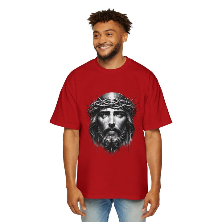 Men's Jesus Oversized Graphic Tee - Religious Art, Casual Fashion - S - Red - Men's Jesus Oversized Graphic Tee - Religious Art, Casual Fashion - Tatoo Tee