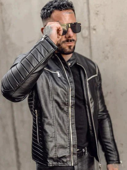 Men's Leather Jacket with Detachable Sleeves Black