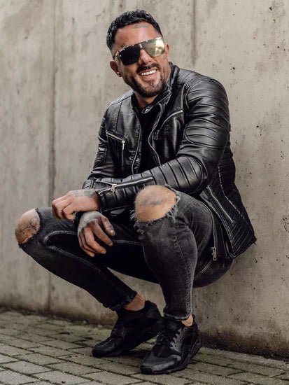 Men's Leather Jacket with Detachable Sleeves Black - Male - XS - Men's Leather Jacket with Detachable Sleeves Black - Tatoo Tee