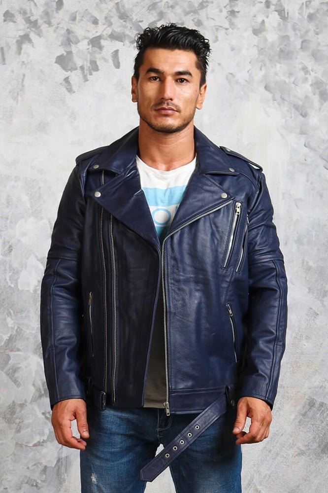 Men's Motorcycle Blue Leather Jacket - X - Small - Blue - Men's Motorcycle Blue Leather Jacket - Tatoo Tee