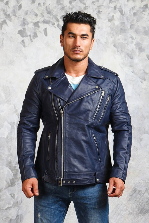 Men's Motorcycle Blue Leather Jacket - X - Small - Blue - Men's Motorcycle Blue Leather Jacket - Tatoo Tee