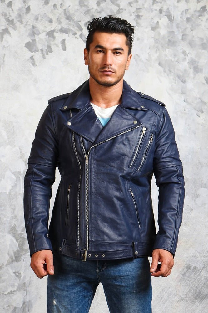 Men's Motorcycle Blue Leather Jacket - X - Small - Blue - Men's Motorcycle Blue Leather Jacket - Tatoo Tee
