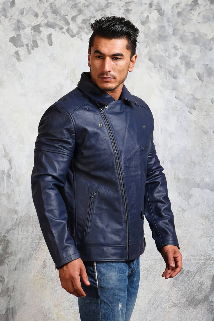 Men's Motorcycle Blue Leather Jacket - X - Small - Blue - Men's Motorcycle Blue Leather Jacket - Tatoo Tee