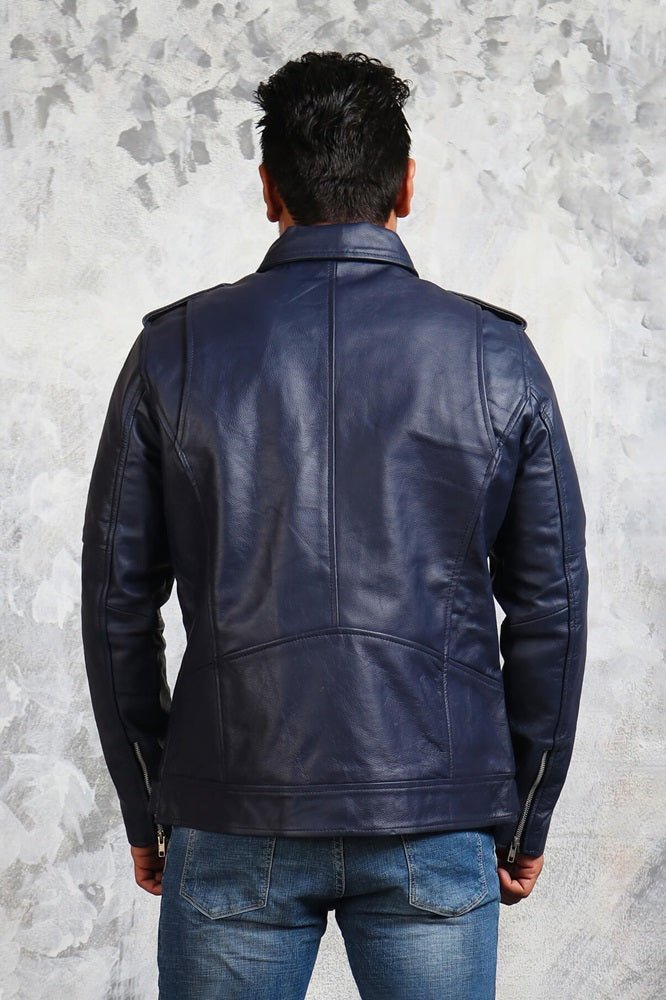 Men's Motorcycle Blue Leather Jacket - X - Small - Blue - Men's Motorcycle Blue Leather Jacket - Tatoo Tee