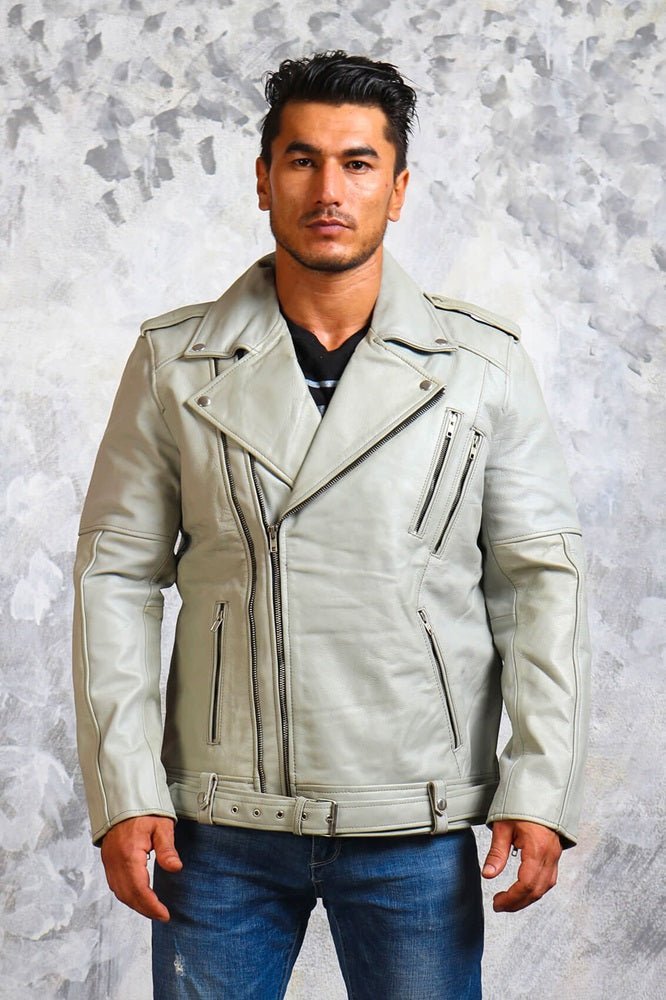 Men's Motorcycle White Leather Jacket - X - Small - White - Men's Motorcycle White Leather Jacket - Tatoo Tee