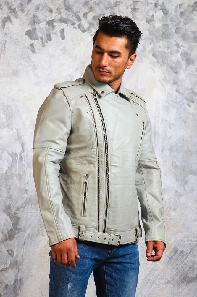 Men's Motorcycle White Leather Jacket - X - Small - White - Men's Motorcycle White Leather Jacket - Tatoo Tee