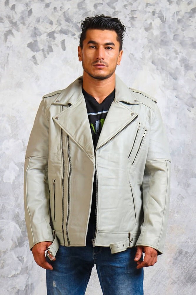 Men's Motorcycle White Leather Jacket - X - Small - White - Men's Motorcycle White Leather Jacket - Tatoo Tee