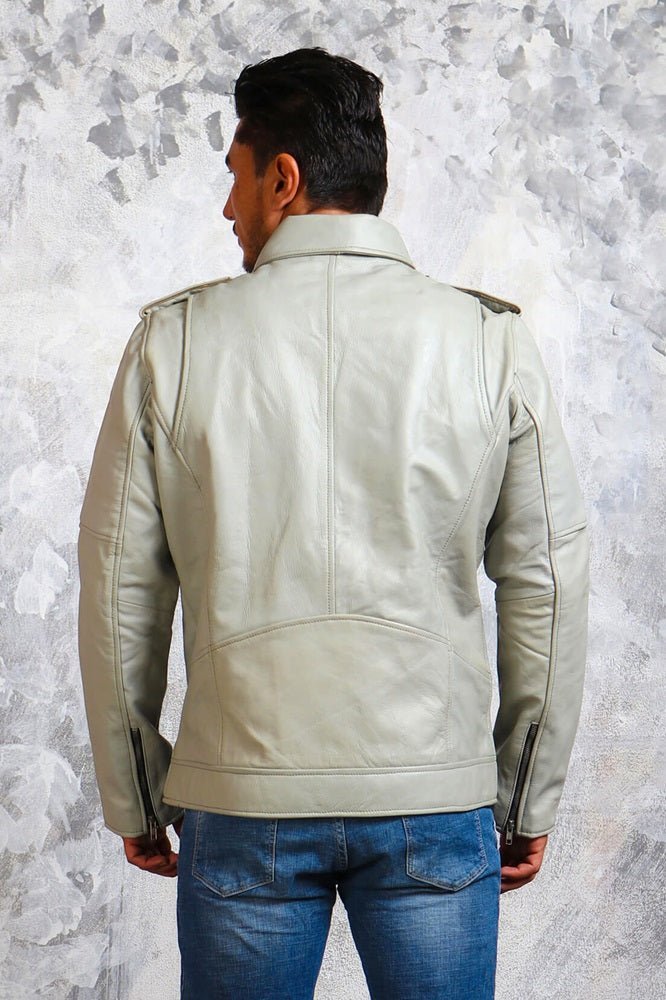 Men's Motorcycle White Leather Jacket - X - Small - White - Men's Motorcycle White Leather Jacket - Tatoo Tee