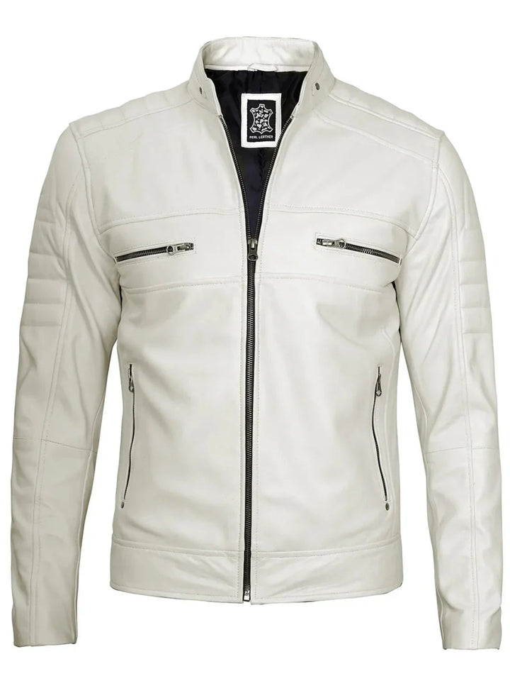 Mens Off White Cafe Racer Real Leather Jacket - XS - Mens Off White Cafe Racer Real Leather Jacket - Tatoo Tee