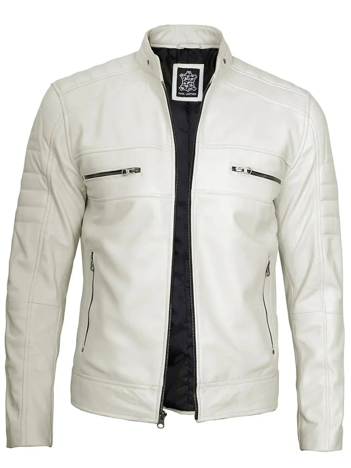 Mens Off White Cafe Racer Real Leather Jacket - XS - Mens Off White Cafe Racer Real Leather Jacket - Tatoo Tee