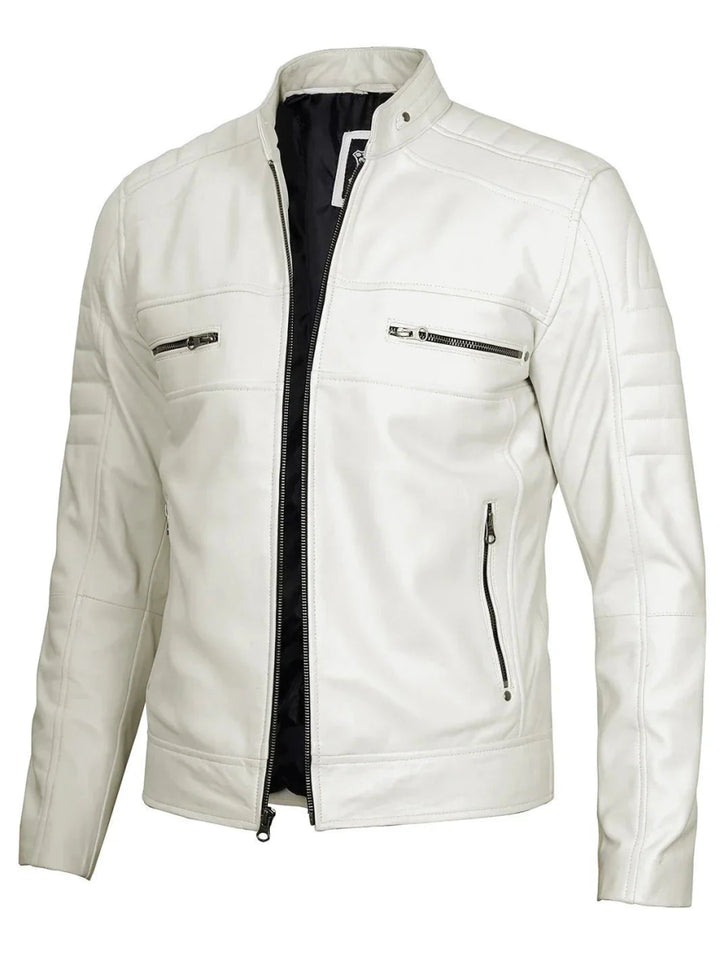Mens Off White Cafe Racer Real Leather Jacket - XS - Mens Off White Cafe Racer Real Leather Jacket - Tatoo Tee