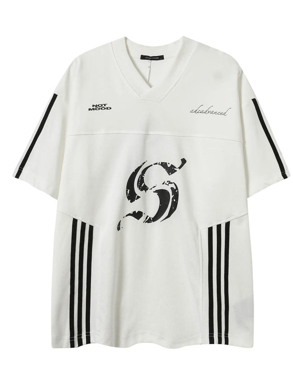 Men's Oversized V - Neck T-Shirt with Striped Details - White - M - dfbf33dc3c2146618700e0c214b5f80b - Max - Origin - Tatoo Tee