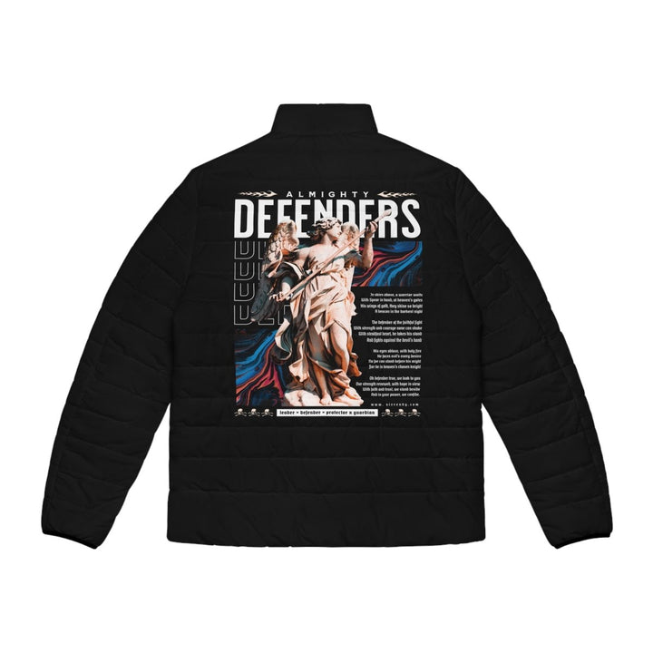 Men's Puffer Jacket - Almighty Defenders Graphic Outerwear - S - Black zipper - Men's Puffer Jacket - Almighty Defenders Graphic Outerwear - Tatoo Tee