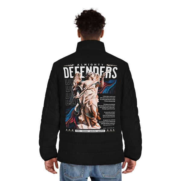 Men's Puffer Jacket - Almighty Defenders Graphic Outerwear - S - Black zipper - Men's Puffer Jacket - Almighty Defenders Graphic Outerwear - Tatoo Tee
