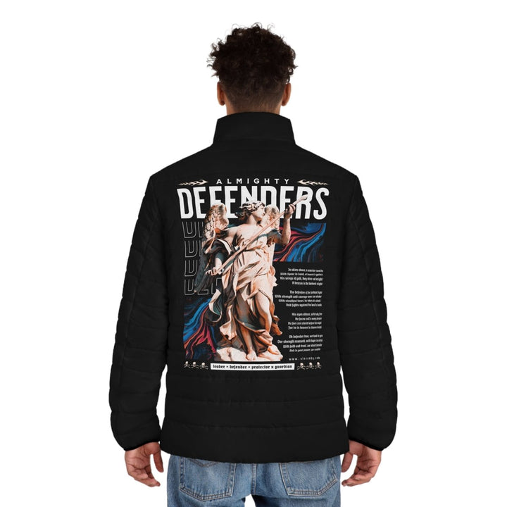 Men's Puffer Jacket - Almighty Defenders Graphic Outerwear - S - Black zipper - Men's Puffer Jacket - Almighty Defenders Graphic Outerwear - Tatoo Tee