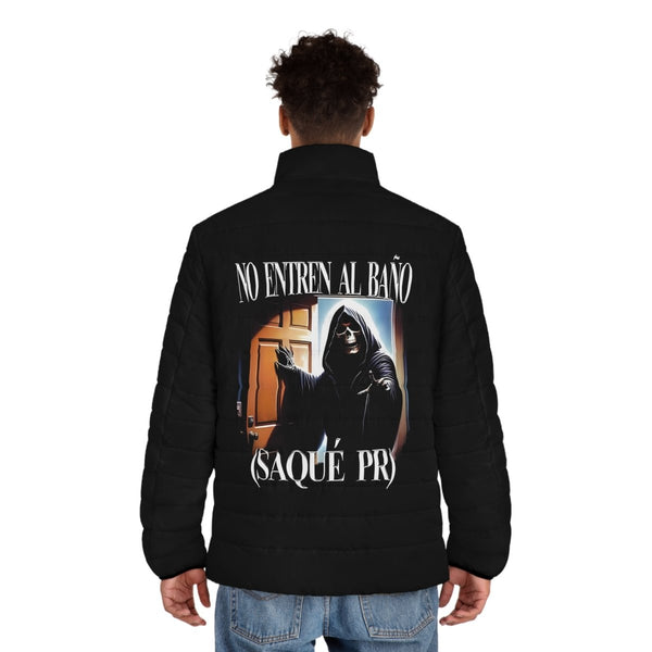 Men's Puffer Jacket - "No Entren Al Baño" - S - Black zipper - Men's Puffer Jacket - "No Entren Al Baño" - Tatoo Tee