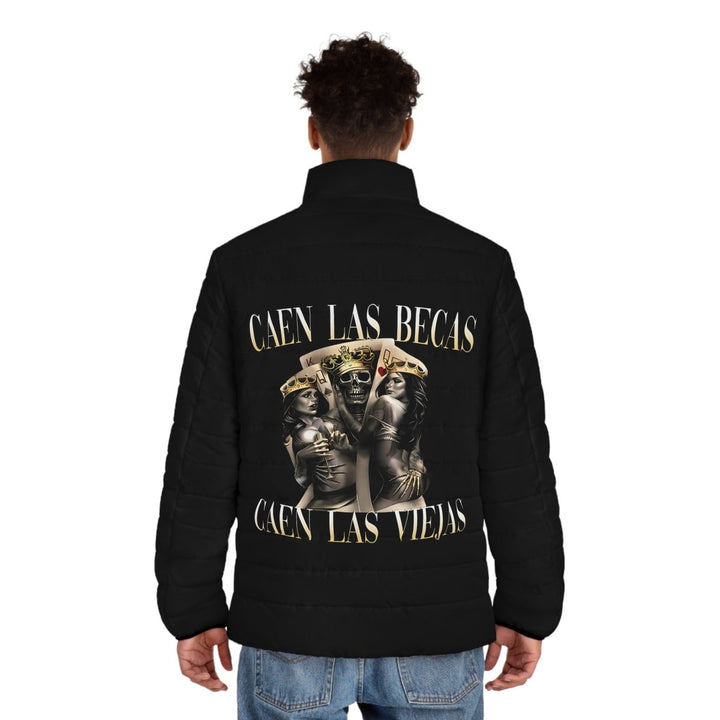 Men's Puffer Jacket with Bold Graphic Design - Perfect for Casual Wear - S - Black zipper - Men's Puffer Jacket with Bold Graphic Design - Perfect for Casual Wear - Tatoo Tee