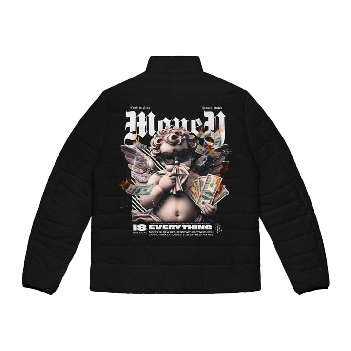 Men's Puffer Jacket with Graphic Money Design - Stylish Warmth for Casual Outings - S - Black zipper - Men's Puffer Jacket with Graphic Money Design - Stylish Warmth for Casual Outings - Tatoo Tee