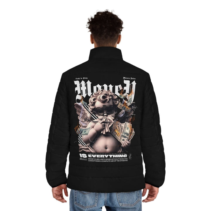 Men's Puffer Jacket with Graphic Money Design - Stylish Warmth for Casual Outings - S - Black zipper - Men's Puffer Jacket with Graphic Money Design - Stylish Warmth for Casual Outings - Tatoo Tee
