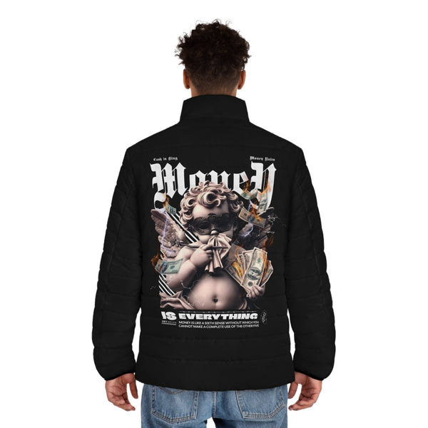 Men's Puffer Jacket with Graphic Money Design - Stylish Warmth for Casual Outings - S - Black zipper - Men's Puffer Jacket with Graphic Money Design - Stylish Warmth for Casual Outings - Tatoo Tee
