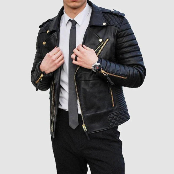 Men's Quilted Leather Biker Jacket - Male - XS - Men's Quilted Leather Biker Jacket - Tatoo Tee