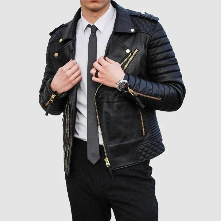Men's Quilted Leather Biker Jacket - Male - XS - Men's Quilted Leather Biker Jacket - Tatoo Tee
