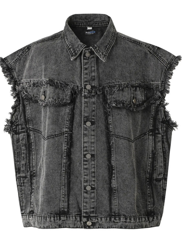 Men's Raw Hem Button Up Sleeveless Denim Jacket - Black - M - 1baa88b1ee8146fea8889abedefe7344 - Max - Origin - Tatoo Tee