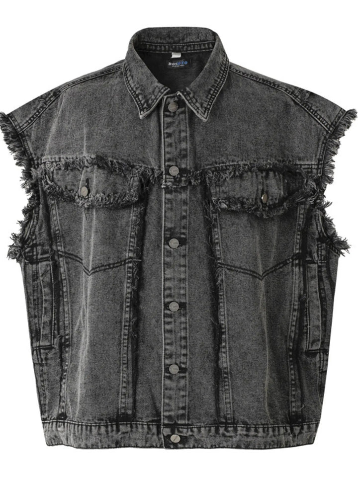 Men's Raw Hem Button Up Sleeveless Denim Jacket - Black - M - 1baa88b1ee8146fea8889abedefe7344 - Max - Origin - Tatoo Tee