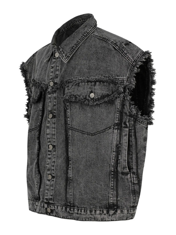 Men's Raw Hem Button Up Sleeveless Denim Jacket - Black - M - 8320c21b1c524af993145217de57672f - Max - Origin - Tatoo Tee