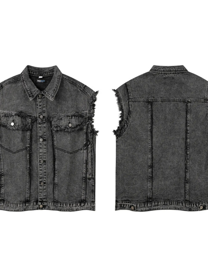 Men's Raw Hem Button Up Sleeveless Denim Jacket - Black - M - 9393c2c58fb048a78ededbd46c1e8b18 - Max - Origin - Tatoo Tee