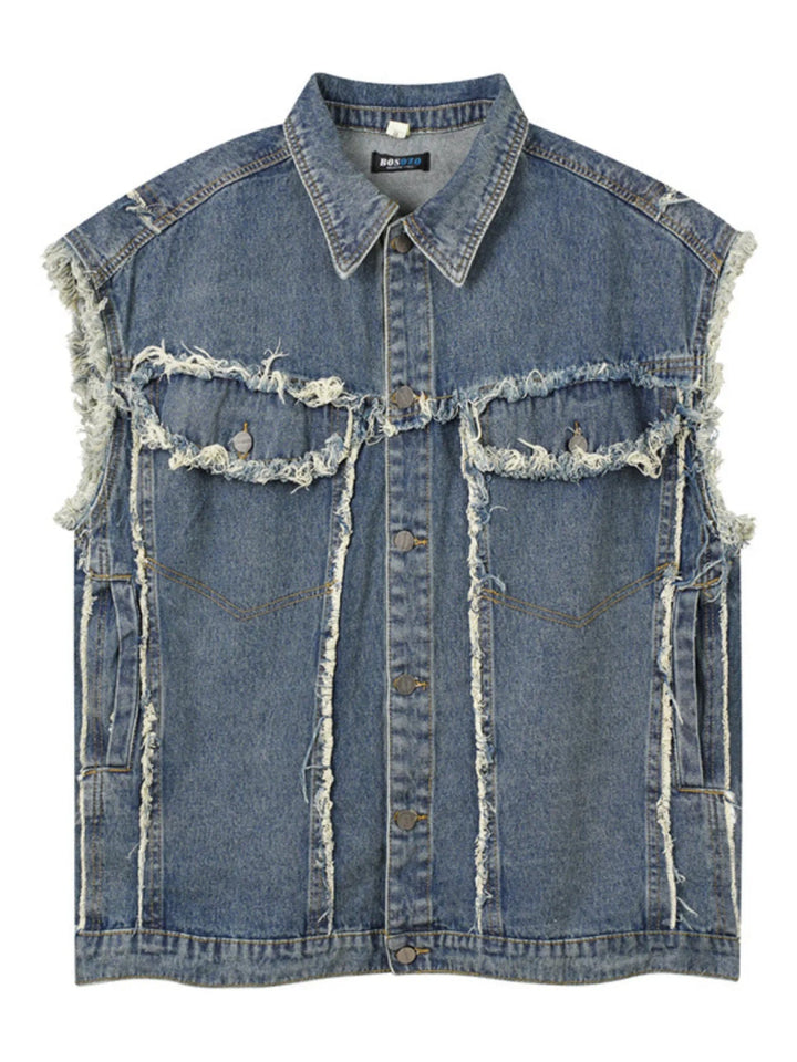 Men's Raw Hem Button Up Sleeveless Denim Jacket - Blue - M - fec630e88b954862b15b80f62e803a31 - Max - Origin - Tatoo Tee