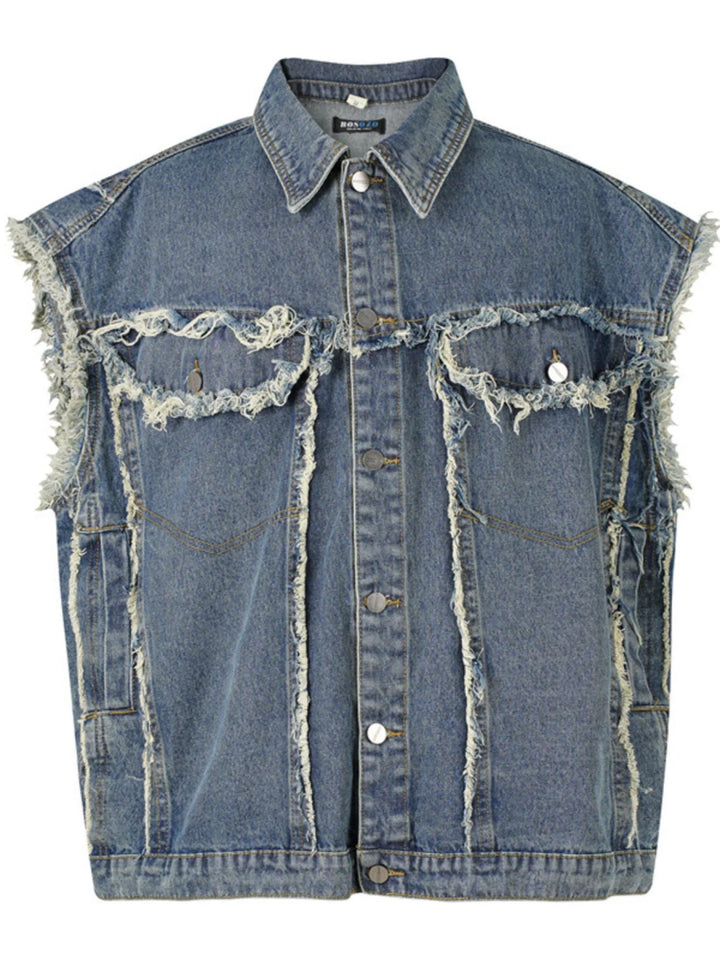 Men's Raw Hem Button Up Sleeveless Denim Jacket - Blue - M - c9d542b2e2f1488b981cab38b8e0bc02 - Max - Origin - Tatoo Tee