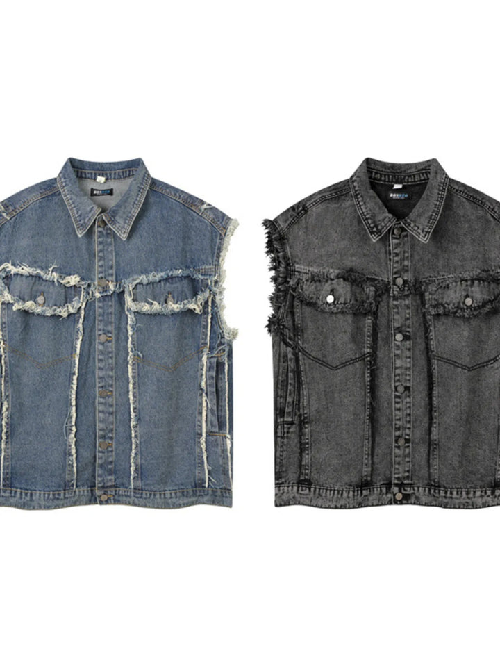 Men's Raw Hem Button Up Sleeveless Denim Jacket - Blue - M - 4ab06d73077a416bb799d3d7655210d7 - Max - Origin - Tatoo Tee