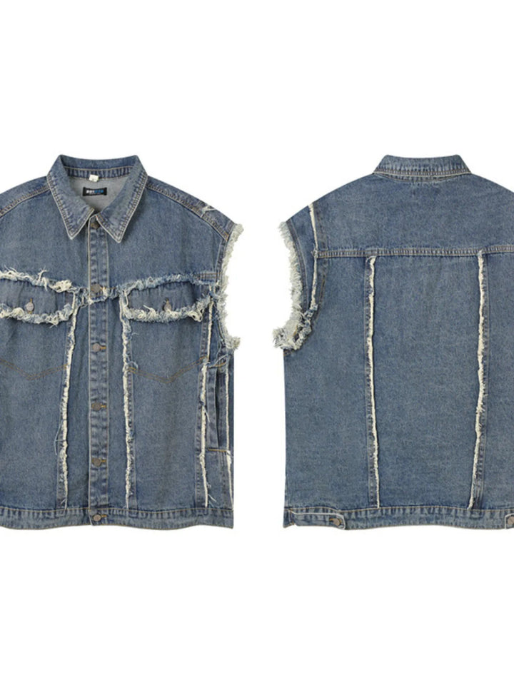 Men's Raw Hem Button Up Sleeveless Denim Jacket - Blue - M - 05b11b0497bd435c9f335b1b955faada - Max - Origin - Tatoo Tee