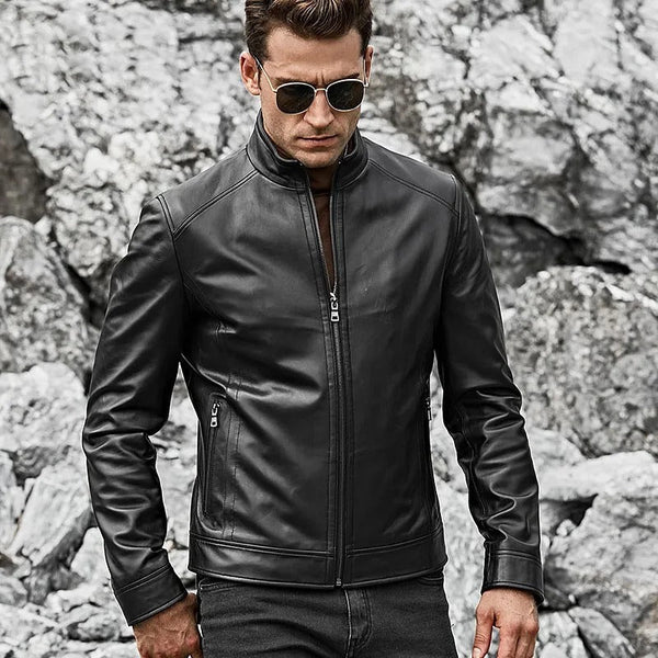 Men’s Real Black Leather Jacket with Short Standing Collar - Male - XS - Men’s Real Black Leather Jacket with Short Standing Collar - Tatoo Tee