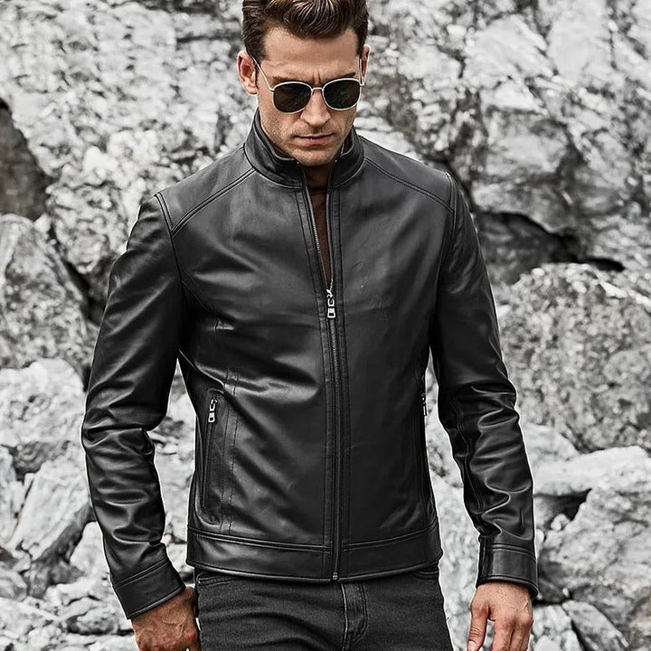 Men’s Real Black Leather Jacket with Short Standing Collar - Male - XS - Men’s Real Black Leather Jacket with Short Standing Collar - Tatoo Tee