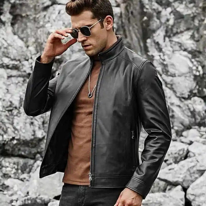 Men’s Real Black Leather Jacket with Short Standing Collar - Male - XS - Men’s Real Black Leather Jacket with Short Standing Collar - Tatoo Tee