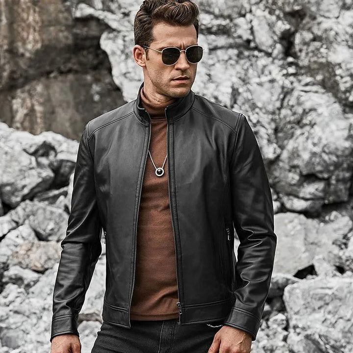 Men’s Real Black Leather Jacket with Short Standing Collar - Male - XS - Men’s Real Black Leather Jacket with Short Standing Collar - Tatoo Tee