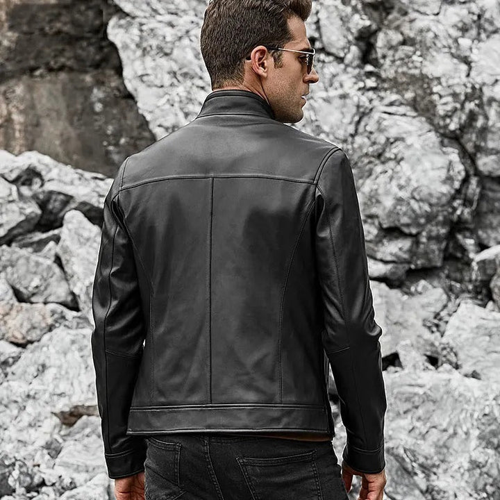 Men’s Real Black Leather Jacket with Short Standing Collar - Male - XS - Men’s Real Black Leather Jacket with Short Standing Collar - Tatoo Tee