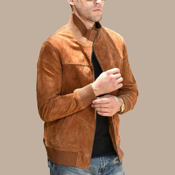 Men’s Real Leather Jacket With Rib Cuff Standing Collar - S - Men’s Real Leather Jacket With Rib Cuff Standing Collar - Tatoo Tee