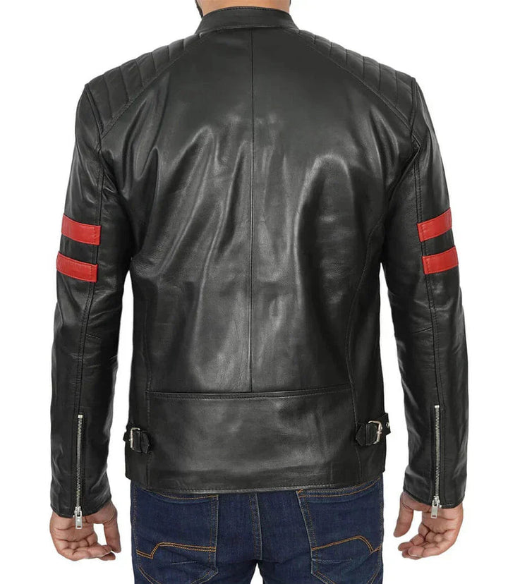 Men’s Red Stripe Cafe Racer Leather Jacket - Male - XS - Men’s Red Stripe Cafe Racer Leather Jacket - Tatoo Tee