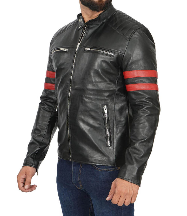 Men’s Red Stripe Cafe Racer Leather Jacket - Male - XS - Men’s Red Stripe Cafe Racer Leather Jacket - Tatoo Tee